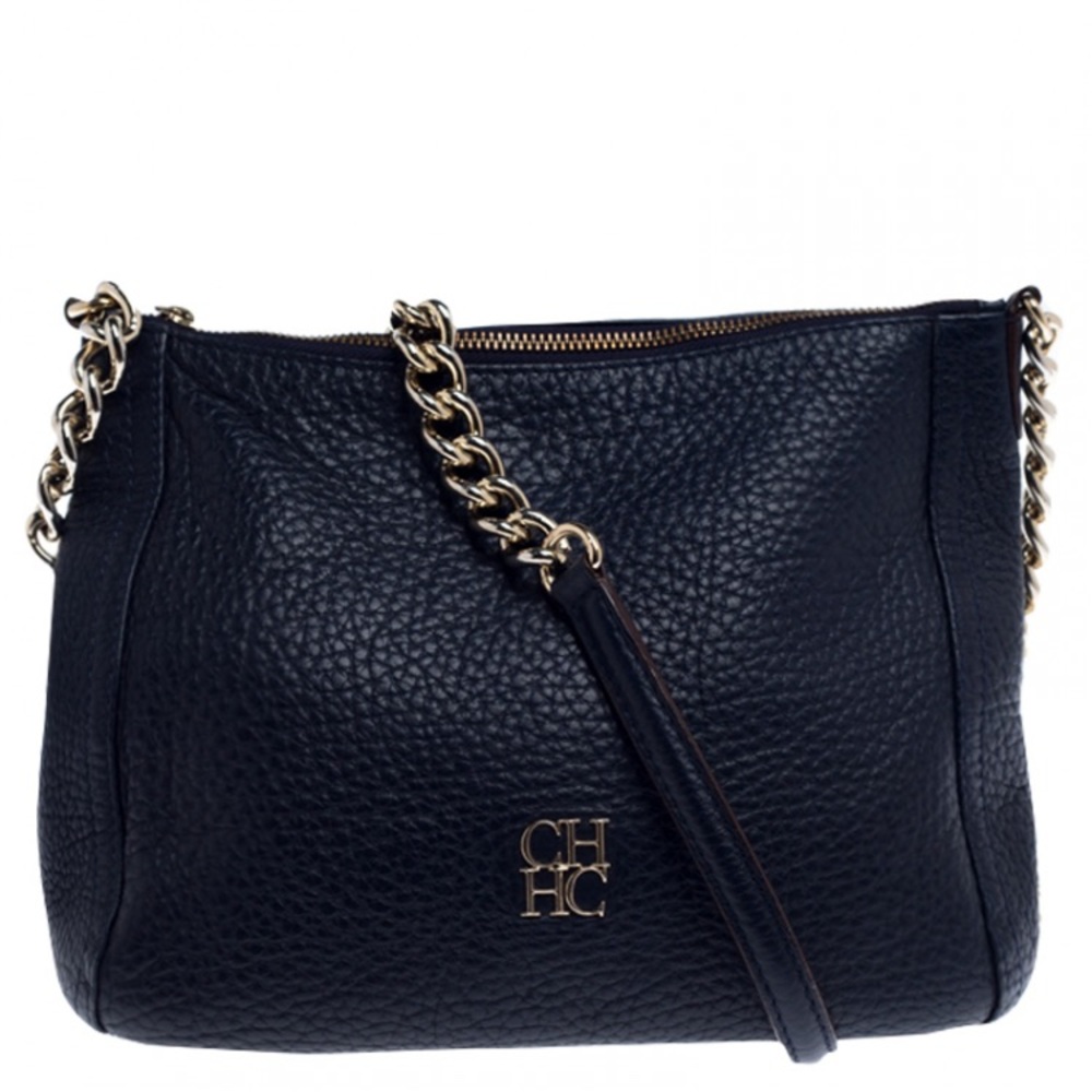 Carolina Herrera navy blue pebbled leather bag